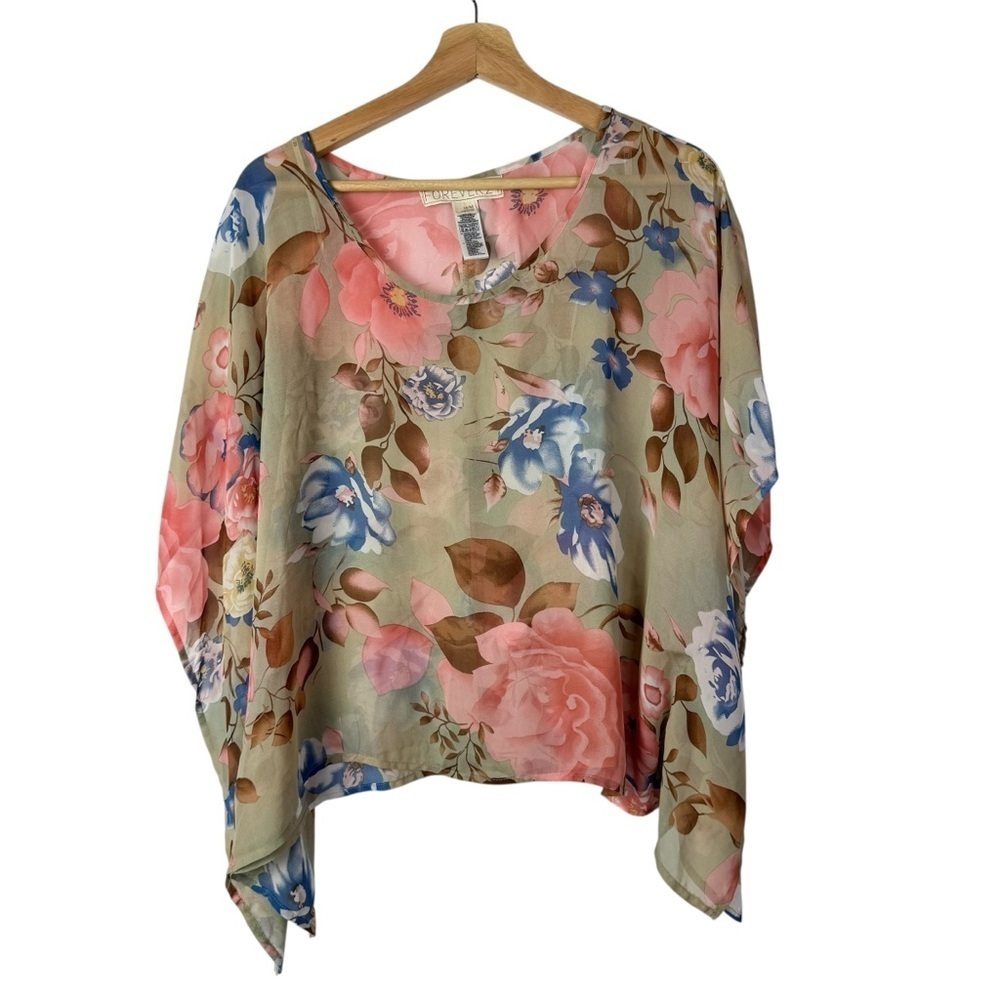 Forever 21 Beige Y2K‎ Pink & Blue Floral Short Sleeve Top M
